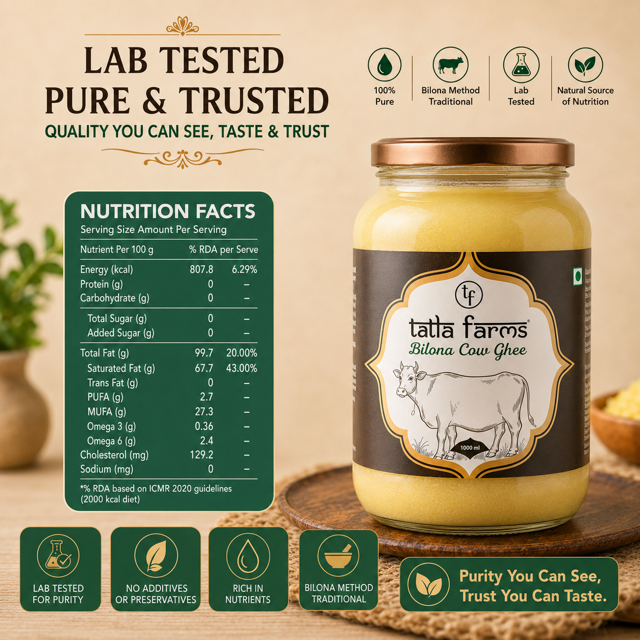 Tatla Farms Bilona Cow Ghee 1000ML.